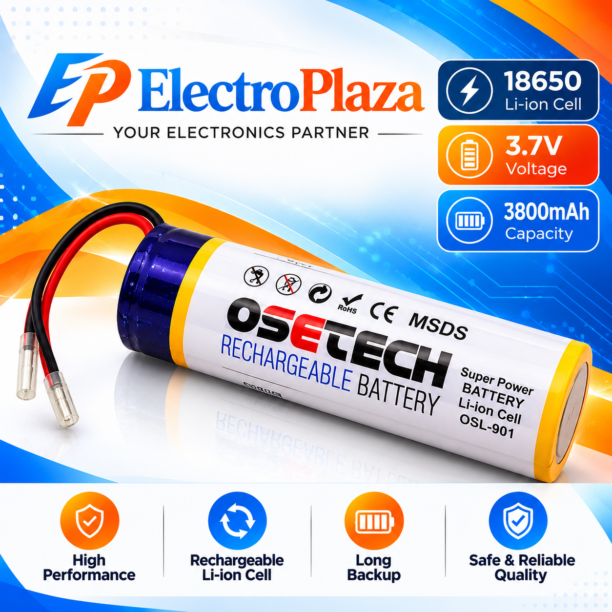 2026/10/1000498426.png OSETECH 18650 3.7V 3800mAh Rechargeable Li-ion Battery with Wire Connector | Lithium Ion Battery - Image 1